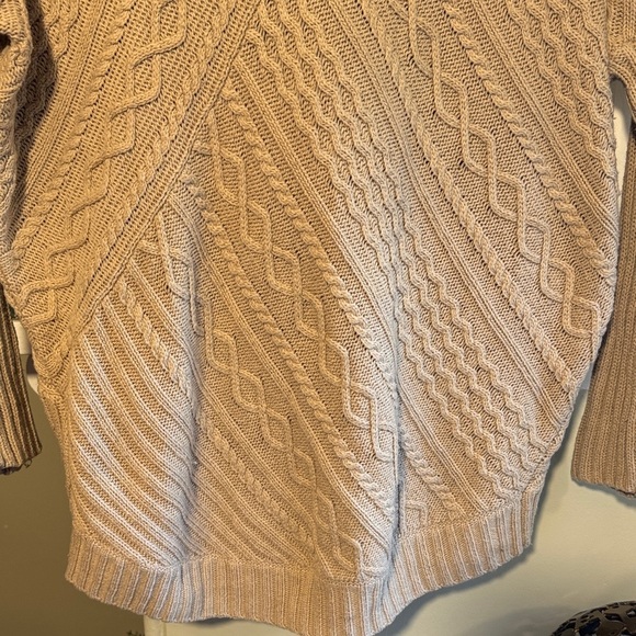 EUC BCBGMaxAzria Beige Cable Knit Cowl Neck Sweater Oversized Long Back - Picture 4 of 7